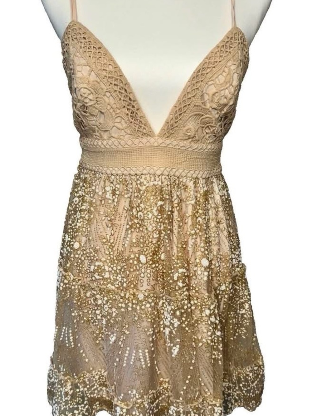 Gold Lace & Sequin Mini Dress with Deep V
